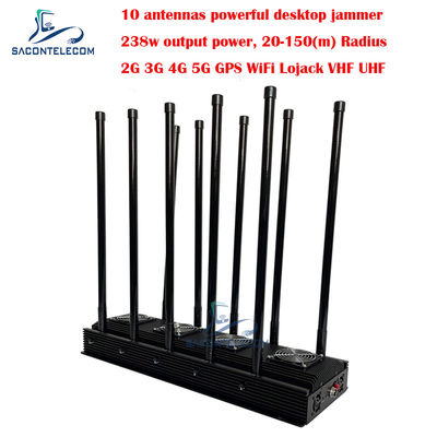 10 kênh Máy nhiễu tín hiệu điện thoại di động 238w Năng lượng cao cho 5G Wifi GPS Lojack VHF UHF